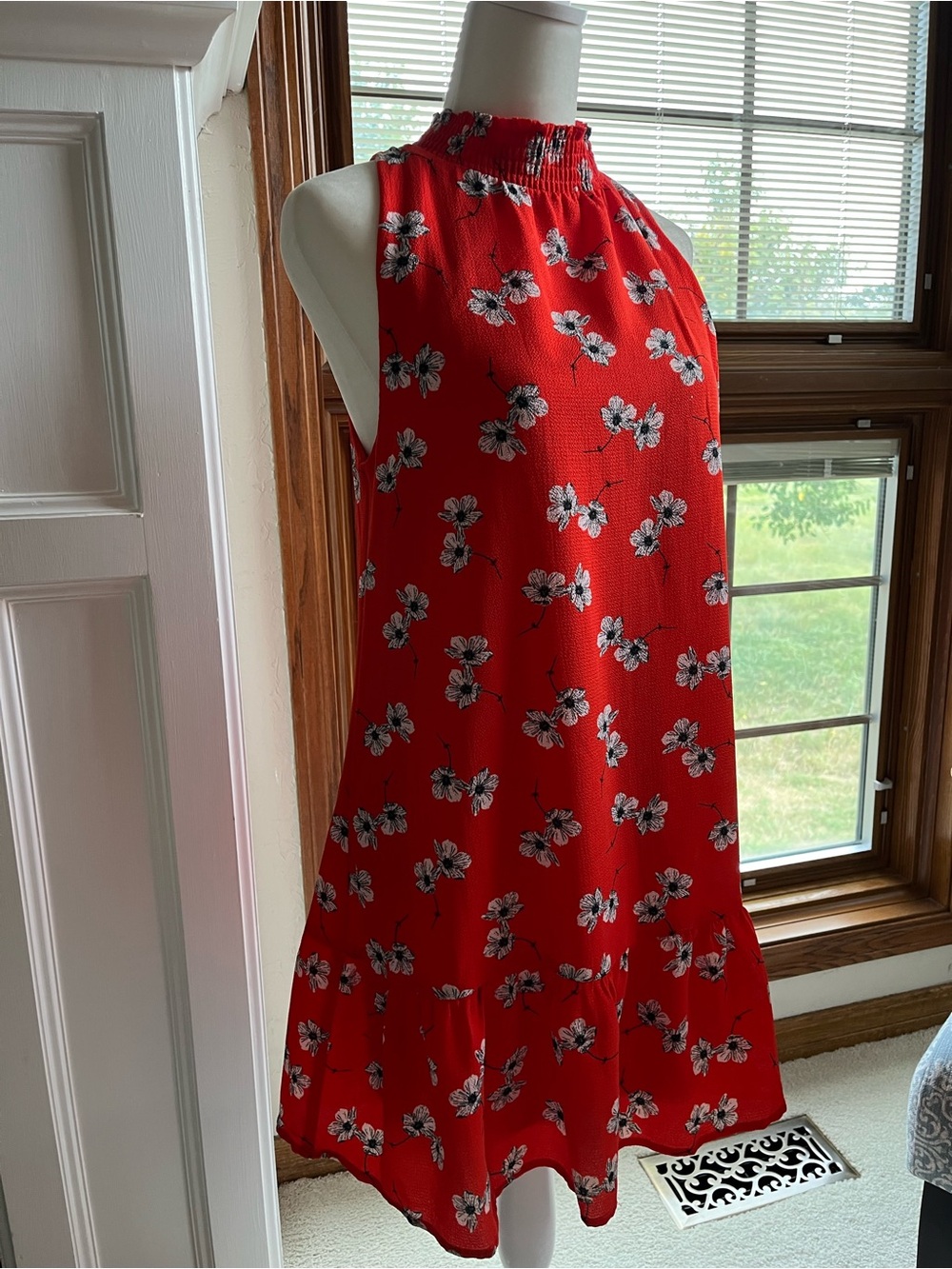 Xtraordinary Red Floral Smocked Halter Dress for Women SIZE S